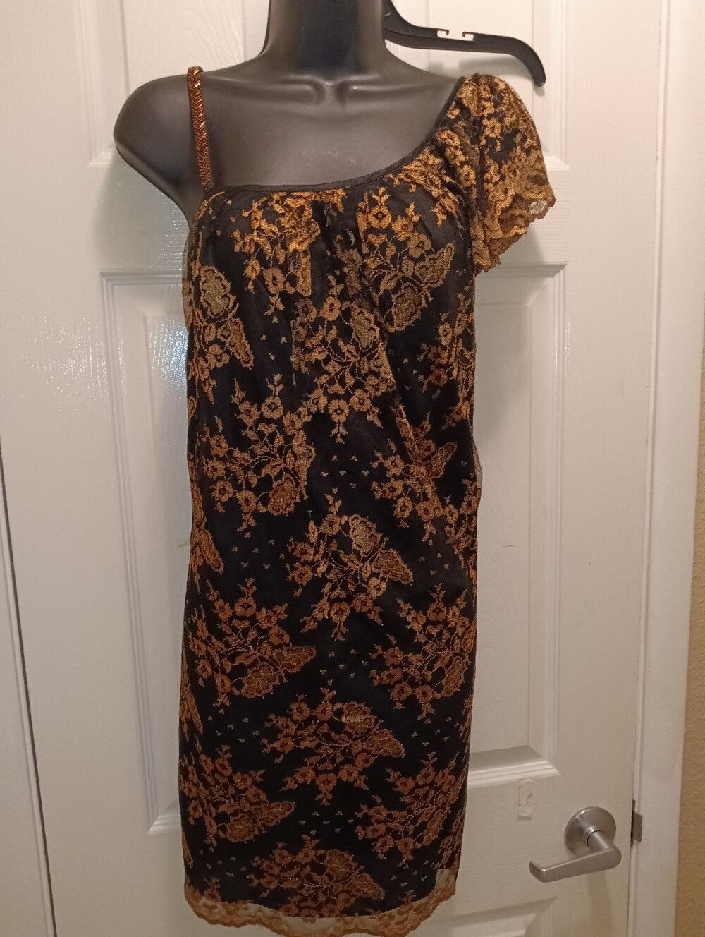 Asymmetric One-Shoulder Black Dress with Copper Lace Accents